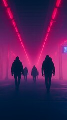 Fototapeta premium Silhouetted figures walking through a vibrant misty corridor of neon lights.