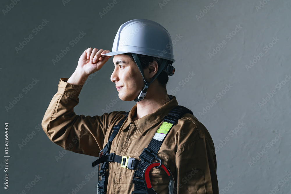 Poster 作業員、男性、ヘルメット、安全、出動、防災、消防、レスキュー隊、救急、救助、災害、危険、フルハーネス、山岳、遭難、捜索、消防士、エンジニア、技術者、工事、現場、建設、建築、仕事、働く、転職、人材、クール、かっこいい、準備、訓練、職人、ハイパーレスキュー、技師、プロ、コピースペース、日本人、職業、スポットライト、作業服、修理、インフラ、点検、笑顔、メンテナンス、保守、シリアス、検査、横顔、人物