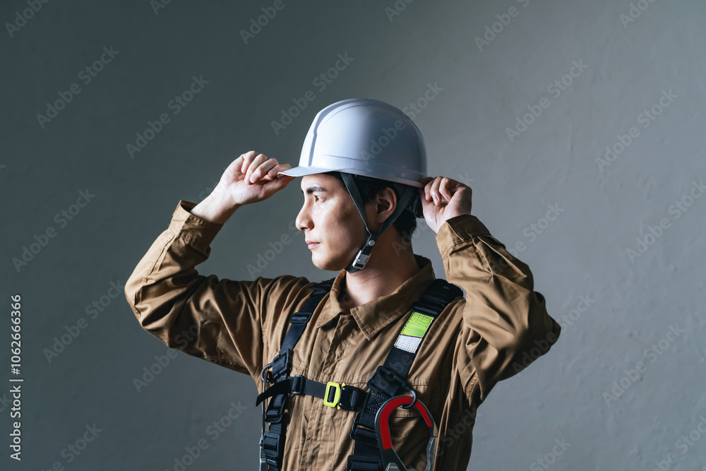 Aufkleber 作業員、男性、ヘルメット、安全、出動、防災、消防、レスキュー隊、救急、救助、災害、危険、暗い、ダーク、フルハーネス、高所作業、ランヤード、山岳、遭難、捜索、救援、消防士、エンジニア、技術者、工事、現場、建設、建築、仕事、働く、転職、人材、クール、かっこいい、準備、訓練、職人、ハイパーレスキュー、技師、プロ、大工、コピースペース、日本人、職業、作業服、修理、インフラ、点検、メンテナンス、人物