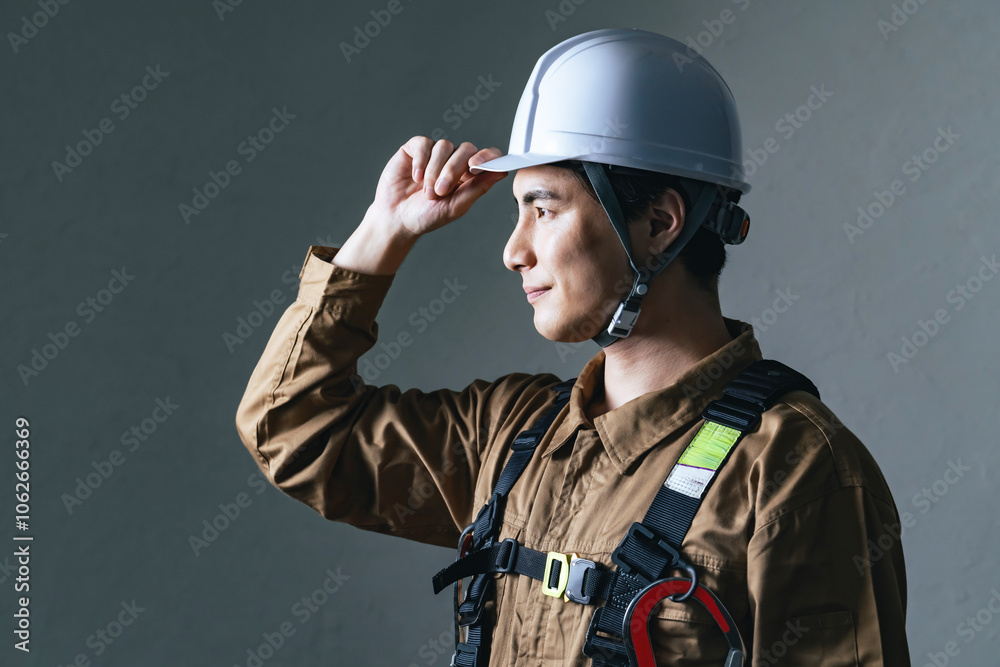 Fototapete 作業員、男性、ヘルメット、安全、出動、防災、消防、レスキュー隊、救急、救助、災害、危険、フルハーネス、山岳、遭難、捜索、消防士、エンジニア、技術者、工事、現場、建設、建築、仕事、働く、転職、人材、クール、かっこいい、準備、訓練、職人、ハイパーレスキュー、技師、プロ、コピースペース、日本人、職業、スポットライト、作業服、修理、インフラ、点検、笑顔、メンテナンス、保守、シリアス、検査、横顔、人物
