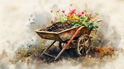 Watercolor Artistic using soft, brushy watercolor strokes, Soft Color, Single object picture - a rustic wheelbarrow filled with soil and plants