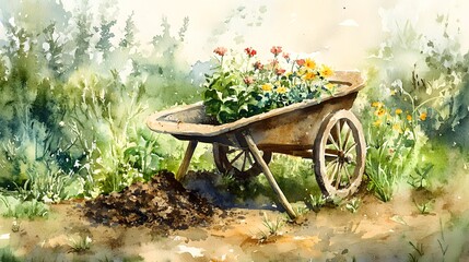 Watercolor Artistic using soft, brushy watercolor strokes, Soft Color, Single object picture - a rustic wheelbarrow filled with soil and plants