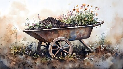 Watercolor Artistic using soft, brushy watercolor strokes, Soft Color, Single object picture - a rustic wheelbarrow filled with soil and plants