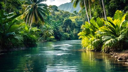 A tropical river trekking scene with a meandering river surrounded by lush greenery.
