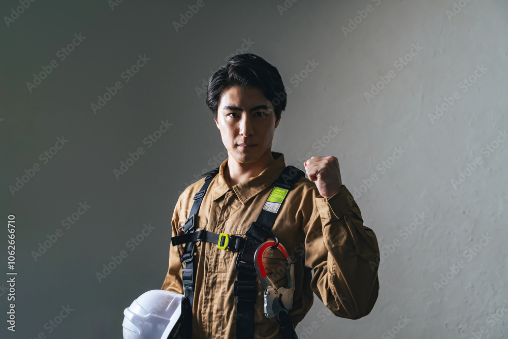 Aufkleber 作業員、工事、フルハーネス、男性、日本人、建設、現場、仕事、ガッツポーズ、元気、やる気、応援、チャレンジ、挑戦、目標、充実、満足、やりがい、モチベーション、ポジティブ、がんばる、努力、転職、人材、危険、安全、ヘルメット、働く、イケメン、クール、かっこいい、スポットライト、コピースペース、若い、作業服、大工、職人、佐官、鳶、修理、救急、レスキュー隊、防災、救助、消防、災害、訓練、山岳、ハイパーレスキ