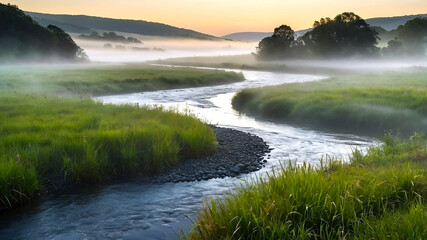 A misty river in the early morning, with a soft fog rising from the water and enveloping the surrounding landscape.