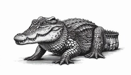 Obraz premium a crocodile full body, sketch engraving illustration. Scratch board imitation. Black and white image.