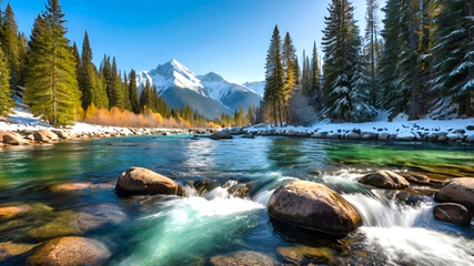 A crystal clear mountain river cascading over smooth stones and boulders, surrounded by tall pine trees and snow capped peaks in the distance.
