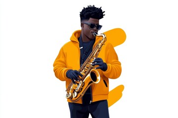 Naklejka premium a 2D cartoon illustration of a jazz saxophonist playing a smooth tune soulful and cool white background