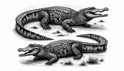 Naklejka premium a crocodile full body, sketch engraving illustration. Scratch board imitation. Black and white image.