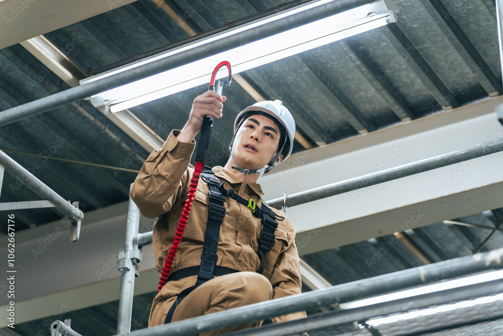 Fototapete フルハーネス、ランヤード、フック、作業員、建設、工事、現場、安全、男性、日本人、足場、高所作業、点検、メンテナンス、修理、エンジニア、工事現場、登る、ローリングタワー、塗装、内装、建築、住宅、検査、技術者、仕事、職業、危険、リスク、特別教育、着用義務、墜落制止用器具、作業服、解体、ヘルメット、人材、労働者、作業、安全帯、働く、産業、建物、リフォーム、職人、修繕、電気、転落、作業床、屋根、人物