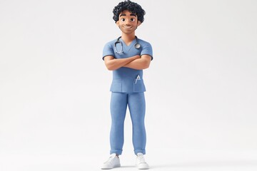 A Smiling Cartoon Doctor with Curly Hair in Scrubs and a Stethoscope