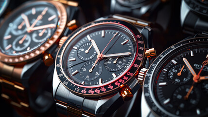 Luxury chronograph watches displayed on a velvet surface showcasing intricate designs and craftsmanship in a trendy, modern setting