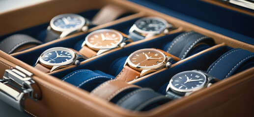 A collection of elegant watches displayed in a wooden case with leather straps and a velvet interior, showcasing luxury timepieces for enthusiasts