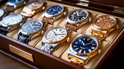 Elegant collection of diverse wristwatches displayed in a luxurious wooden box on a wooden table