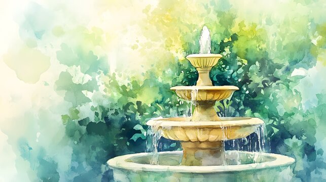 Watercolor Artistic using soft, brushy watercolor strokes, Soft Color, Single object picture - a decorative garden fountain softly trickling water
