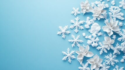 Sparkling snowflakes on a gradient blue background, open space for seasonal messages