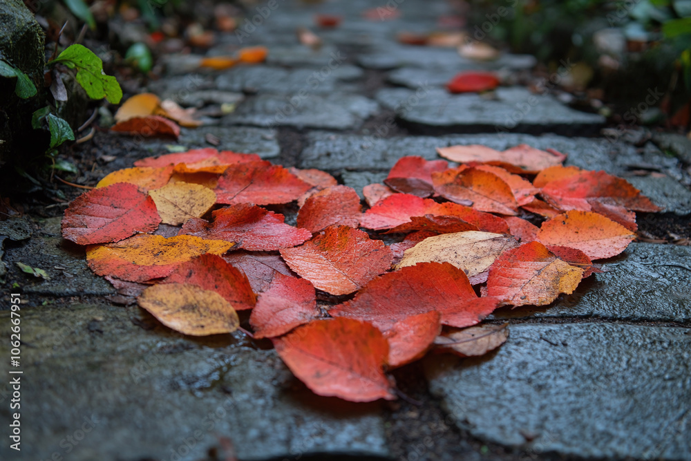 Wall mural fallen leaves arranged in a heart shape on a pathway.