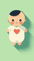 A cute, simplistic illustration of a baby wearing a onesie with a heart, set against a soft green background.