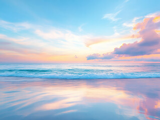 Fototapeta premium A peaceful coastal scene at dusk, where golden light reflects on the water, creating a calming atmosphere.