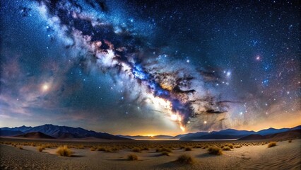 Obraz premium Wide-angle starry night sky in Death Valley featuring the Milky Way with clear night sky, vast desert, solitude