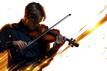 Fototapeta premium a 2D cartoon illustration of a violinist playing a romantic melody passionate and elegant white background