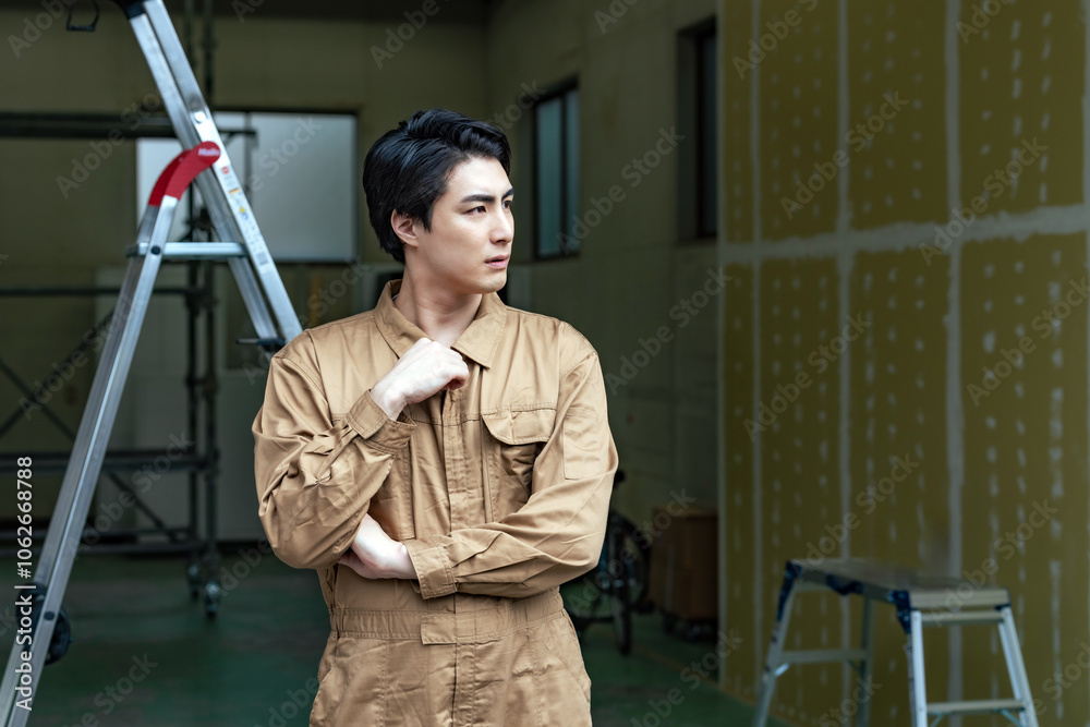 Fototapete 作業員、工事、現場、建設、男性、日本人、作業服、大工、職人、エンジニア、塗装、内装、リフォーム、工具、脚立、足場、人材、アルバイト、仕事、職業、スポットワーク、スキマバイト、工務店、建築、修理、修繕、改修、業者、働く、技師、安全、工場、産業、佐官、鳶、イケメン、肉体労働、経験、つなぎ、労働者、作業着、倉庫、ガテン、建設業、かっこいい、クール、ポートレート、転職、インテリア、人物