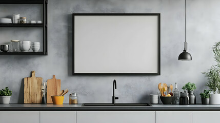A black-framed blank canvas on a gray textured wall in a workspace with a warm color scheme, adding contrast and depth