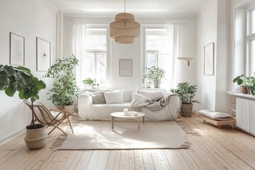 A clean, minimalist Scandinavian-style living room with light wooden floors, white walls, and simple, cozy furniture.