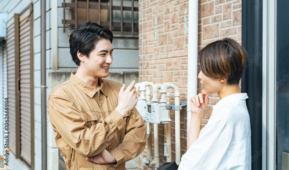 Aufkleber 作業員、説明、工事、業者、住宅、リフォーム、相談、職人、会話、笑顔、ポジティブ、詐欺、修繕、修理、訪問、男性、女性、日本人、メーター、水道、配管、配線、外壁、玄関、セールストーク、営業、作業服、見積もり、点検、メンテナンス、検査、告知、周知、住民、公共事業、建設、建築、現場、仕事、挨拶、害虫駆除、点検商法、苦情、技師、派遣、廃品回収、便利屋、ごみ収集、清掃、人物