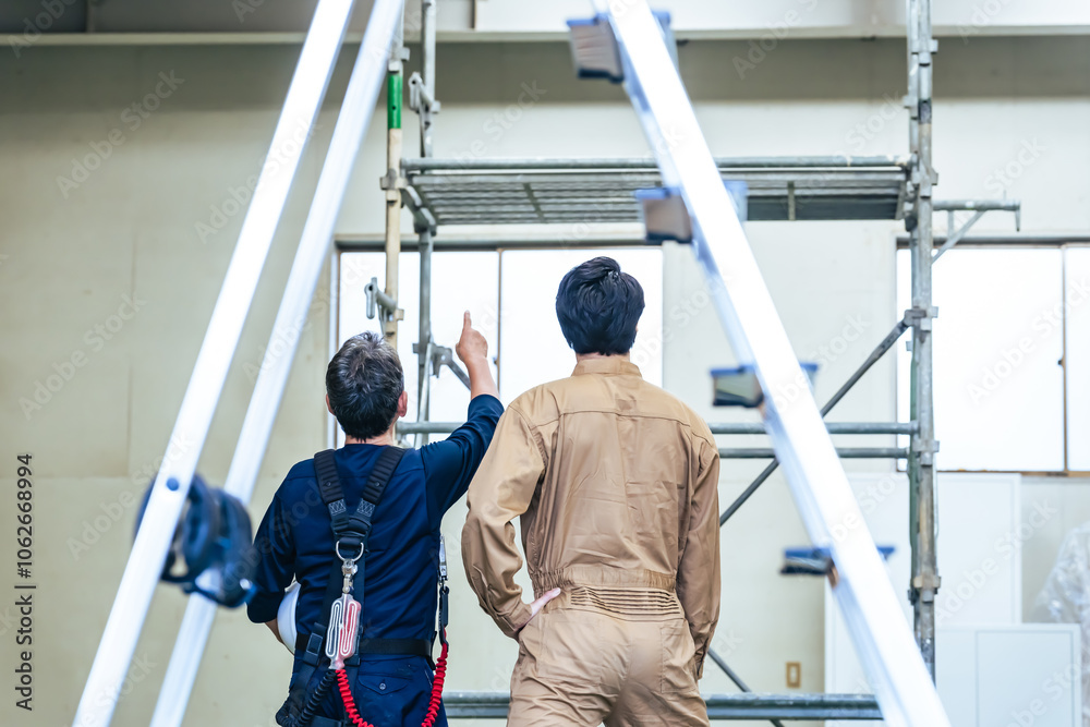 Poster 工事、現場、作業員、職人、大工、建設、点検、メンテナンス、検査、後ろ姿、背中、エンジニア、男性、日本人、見積もり、改修、修繕、修理、技師、コンビ、協力、チームワーク、挑戦、チャレンジ、見る、人材、親方、棟梁、鳶、佐官、ワイヤーハーネス、高所作業、足場、ローリングタワー、確認、チェック、安全、作業服、屋根、倉庫、工場、老朽化、経年劣化、保守、仕事、建築、監督、管理、業者、人物