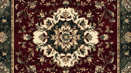 Naklejka premium A seamless Persian-inspired carpet pattern with ornate medallions and floral elements, in shades of maroon, emerald green, and soft cream, capturing the timeless elegance of Persian design,