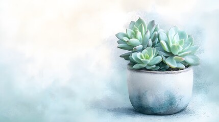 Watercolor Artistic using soft, brushy watercolor strokes, Soft Color, Single object picture - a small ceramic garden pot filled with succulents