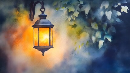 Watercolor Artistic using soft, brushy watercolor strokes, Soft Color, Single object picture - a decorative garden lantern softly glowing in the evening