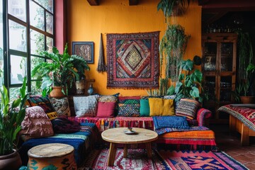 A colorful bohemian living room with eclectic furniture, vibrant cushions, and large indoor plants.