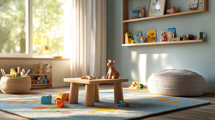 Place the puzzles in a cozy, well-lit playroom with a soft rug, low table, and scattered toys. Add warm touches like a sunlit window, shelves with children’s books, and nearby plush toys.