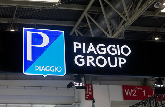 BEIJING, CHINA-MAY 19, 2024: Piaggio Group sign is seen during the 2024 Beijing International Motorcycle Exhibition (Motor China 2024)