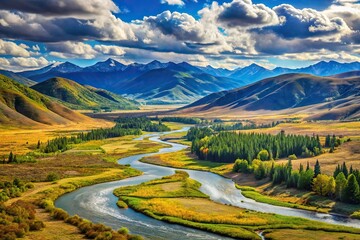 A sweeping vista of rolling mountains stretching across the sky, with a meandering stream running through the valley below, natural beauty, panoramic views
