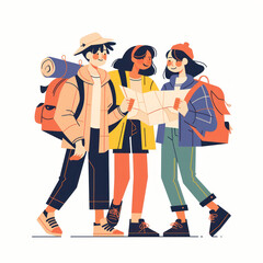 Three Friends Looking at a Map Illustration