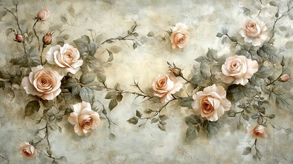 Fototapeta premium A seamless vintage floral carpet pattern with delicate roses and ornate leaves in faded pastel shades of blush pink, soft sage, and cream, intricate detailing with an aged, slightly worn texture,