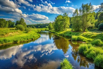 Fototapeta premium Wide-angle summer landscape of a small forest river