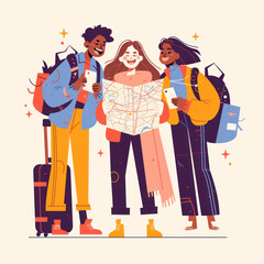 Illustration of Three Friends Looking at a Map While Traveling