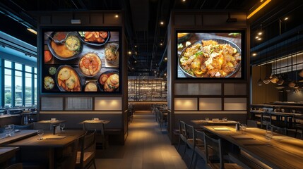 modern restaurant interior with digital signage screens