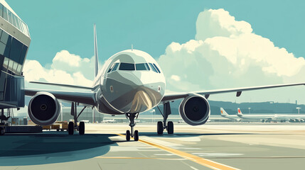 Obraz premium Modern Airport Terminal with Parked Airplane at Sunrise