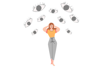 Sad Woman Cover Her Ears with Eyes Everywhere Illustration