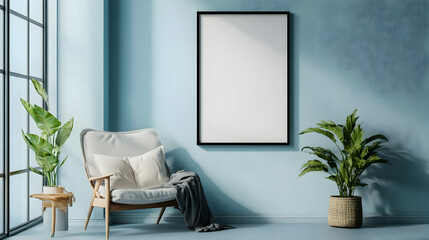 A large black-framed blank canvas above a bed with neutral bedding, adding simplicity and elegance to the bedroom decor