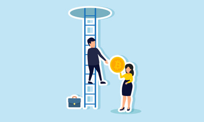 A businessman climbing stairs and asking a businesswoman for bitcoin, illustration of teamwork in enhancing bitcoin investment assets