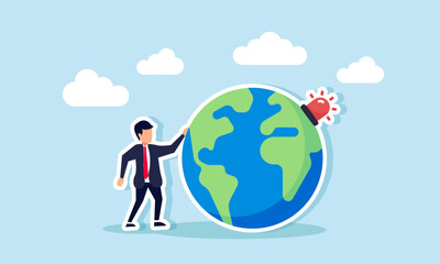 A businessman standing next to a globe with an alarm light, illustration of alertness in global business trends relevant to the target market