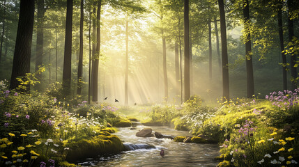 Fototapeta premium Majestic Mountain Lake with Wildlife at Sunrise