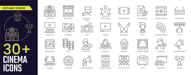Cinema Stroke icon collections. Containing Cinema, Box Office, Red Carpet, Popcorn, Screenplay, Award, Cinema Hall, Film Roll, Theatre, and Audience icons. Editable Stroke icon collection Outline icon